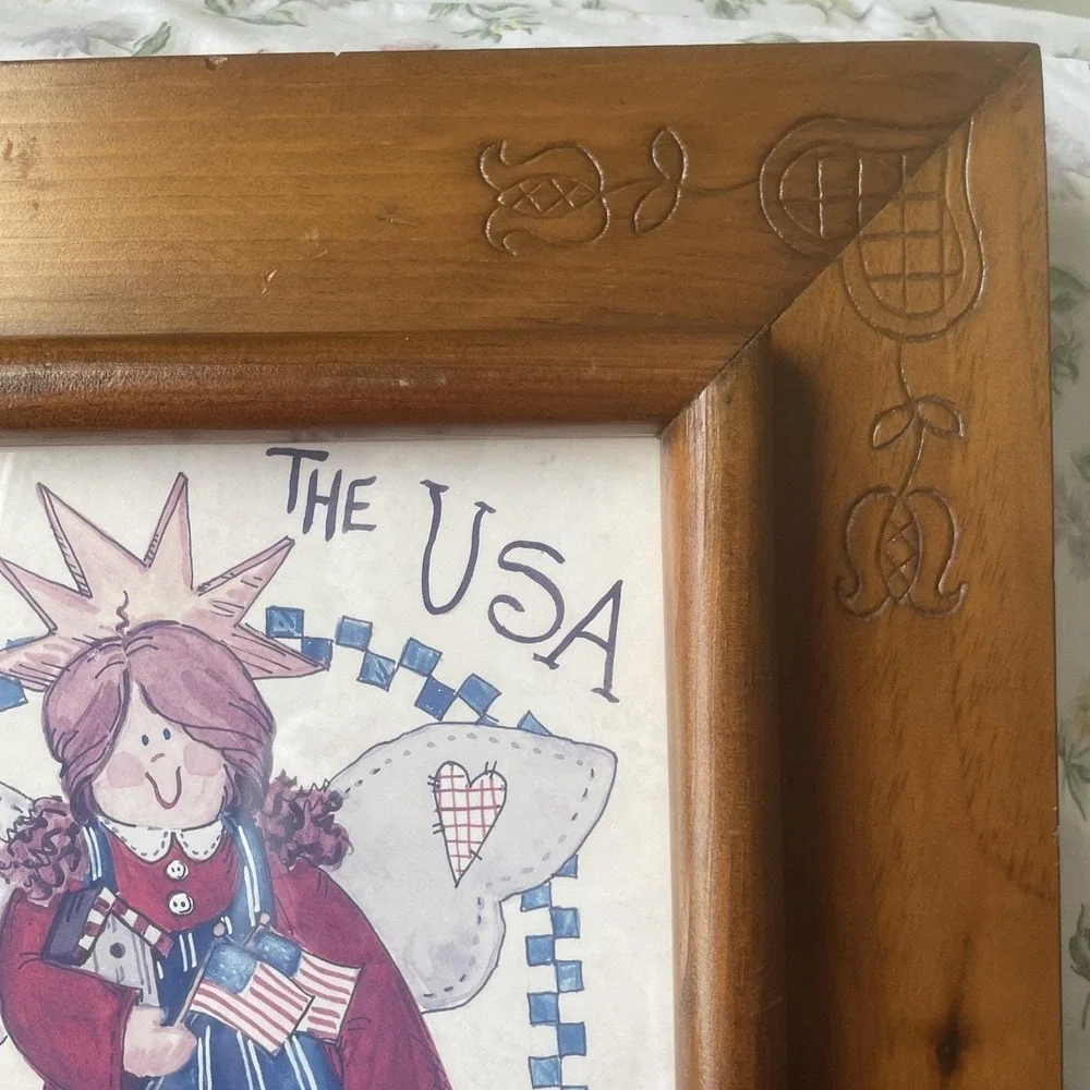 Vintage Wood Picture Frame Hand Carved Hearts Tulips Patriotic B Mack Print